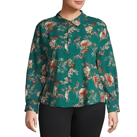 Molly Bracken Tops - 25. Molly Bracken Womens Emerald Green Floral Long Sleeve Blouse Spring Office